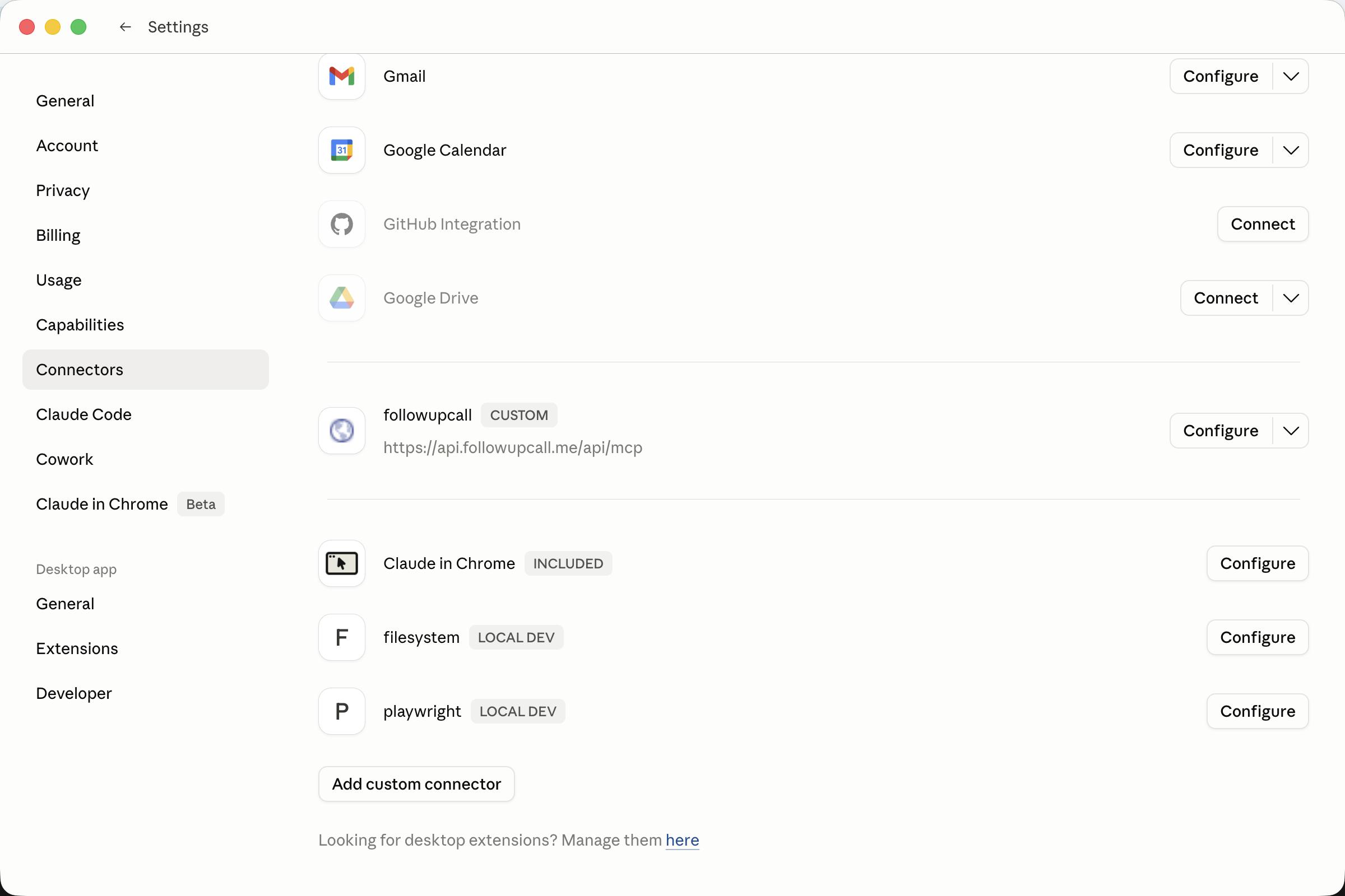 Claude Desktop Settings showing Connectors tab with Add custom connector button